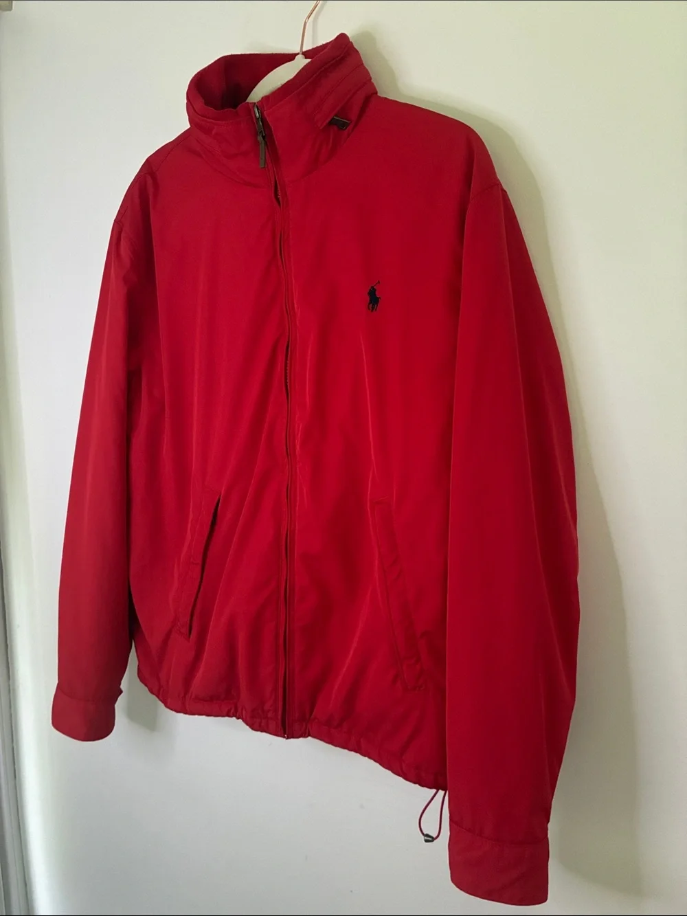 Vintage Polo Ralph Lauren Red Lightweight Full-Zip Shirt Jacket Hideaway Hood Lg